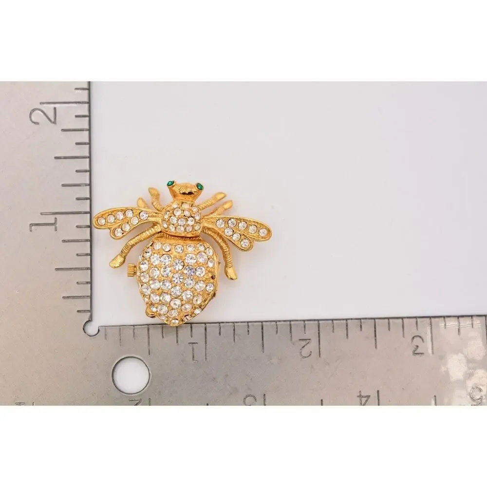 Joan Rivers Vintage Fly Watch Pin Brooch Rhinestone Crystal Gold Signed Bin5A